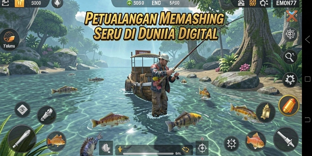 Screenshot gameplay EMON77 menampilkan aksi memancing yang mendebarkan.