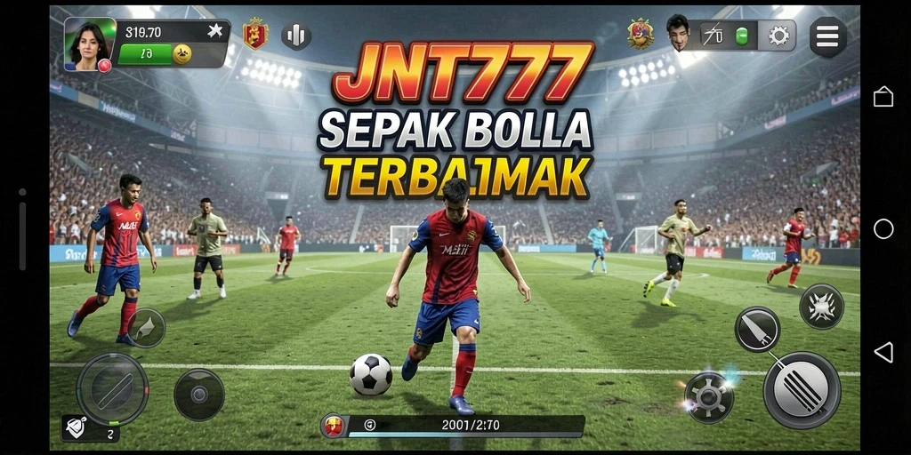 Tangkapan layar utama dari gameplay JNT777 yang menampilkan aksi sepak bola mendebarkan.
